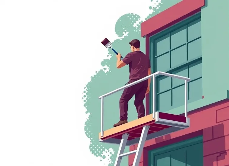 Peintre sur échafaudage traitant la façade d'une maison
